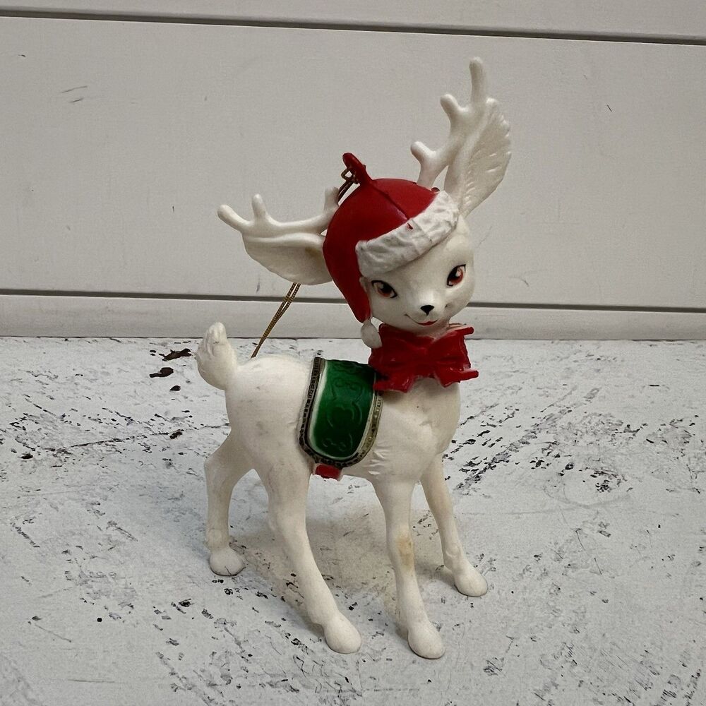 VINTAGE RARE PLASTIC WHITE REINDEER TOBOGGAN AND SADLE Christmas ornament